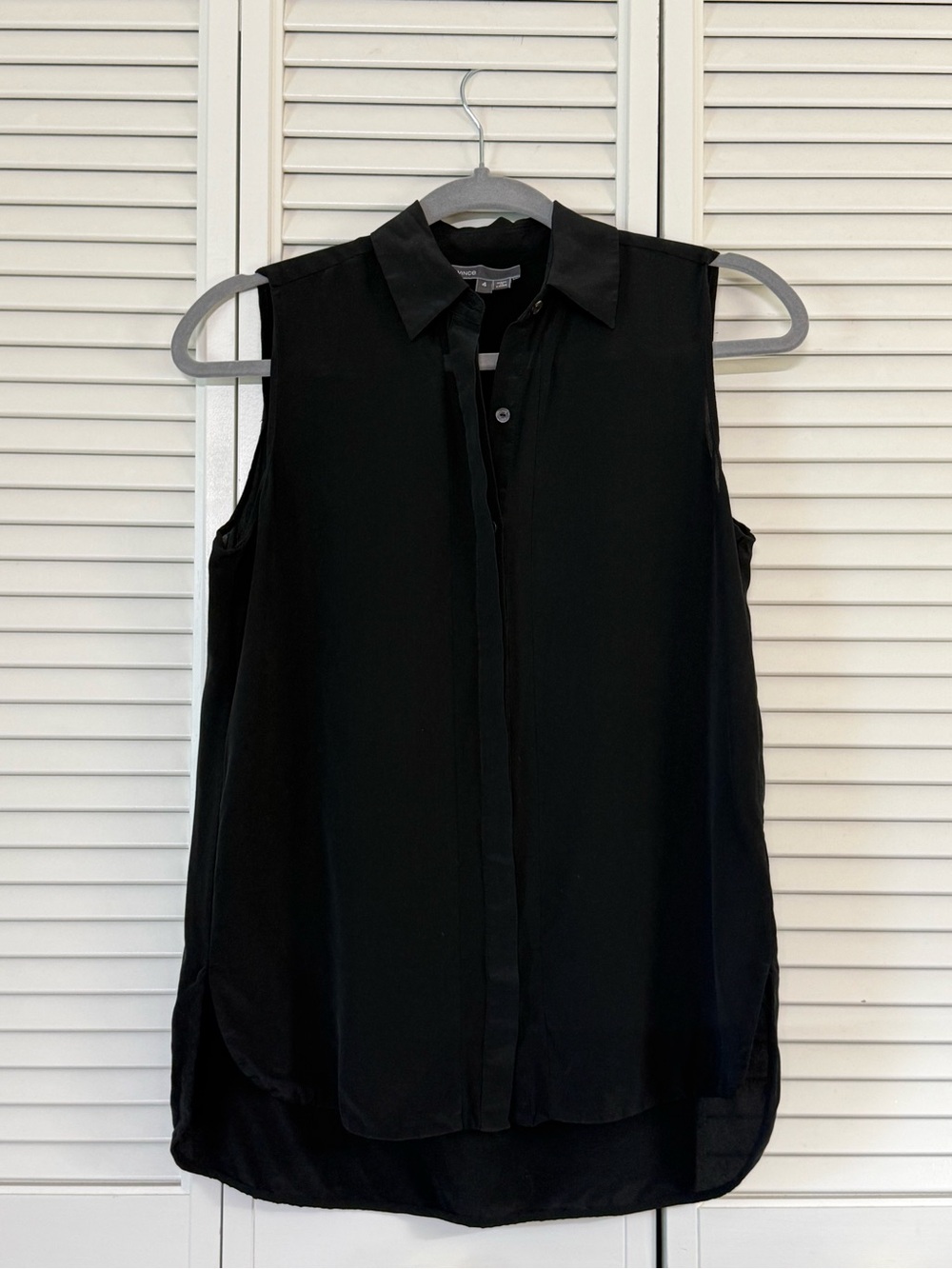 Vince Black 100% Silk Sleeveless Collared Button-Front Blouse with Sheer Panels